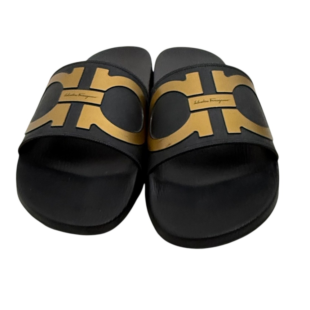 Salvatore Ferragamo Logo Slide Sandals Size Mens 11 Groove 2 Black Gold Gancini - Picture 4 of 10
